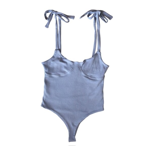 FOREVER 21 Blue Ribbed Bodysuit with Tie-Shoulder Straps - Size Large - Picture 1 of 5